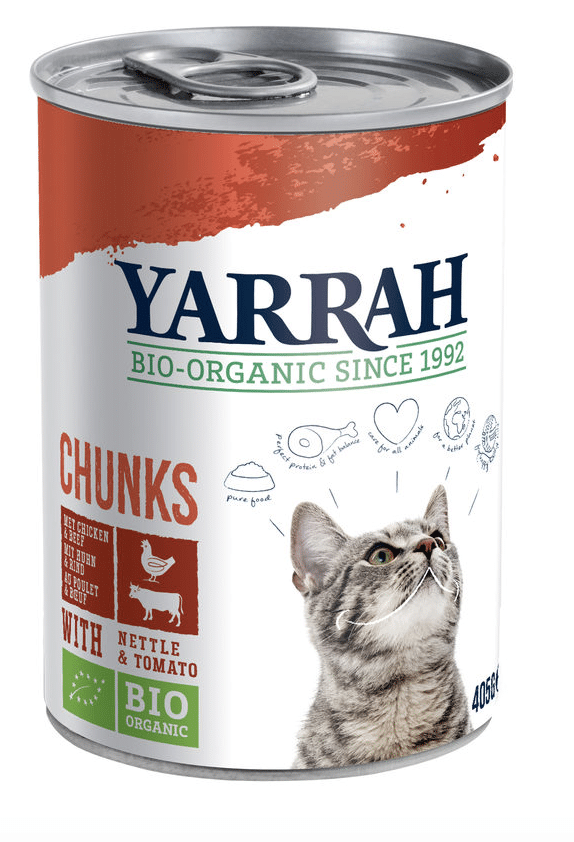 Yarrah – Natvoer Kat Blik Chunks met Kip & Rund Bio 12 x 405 gr-1